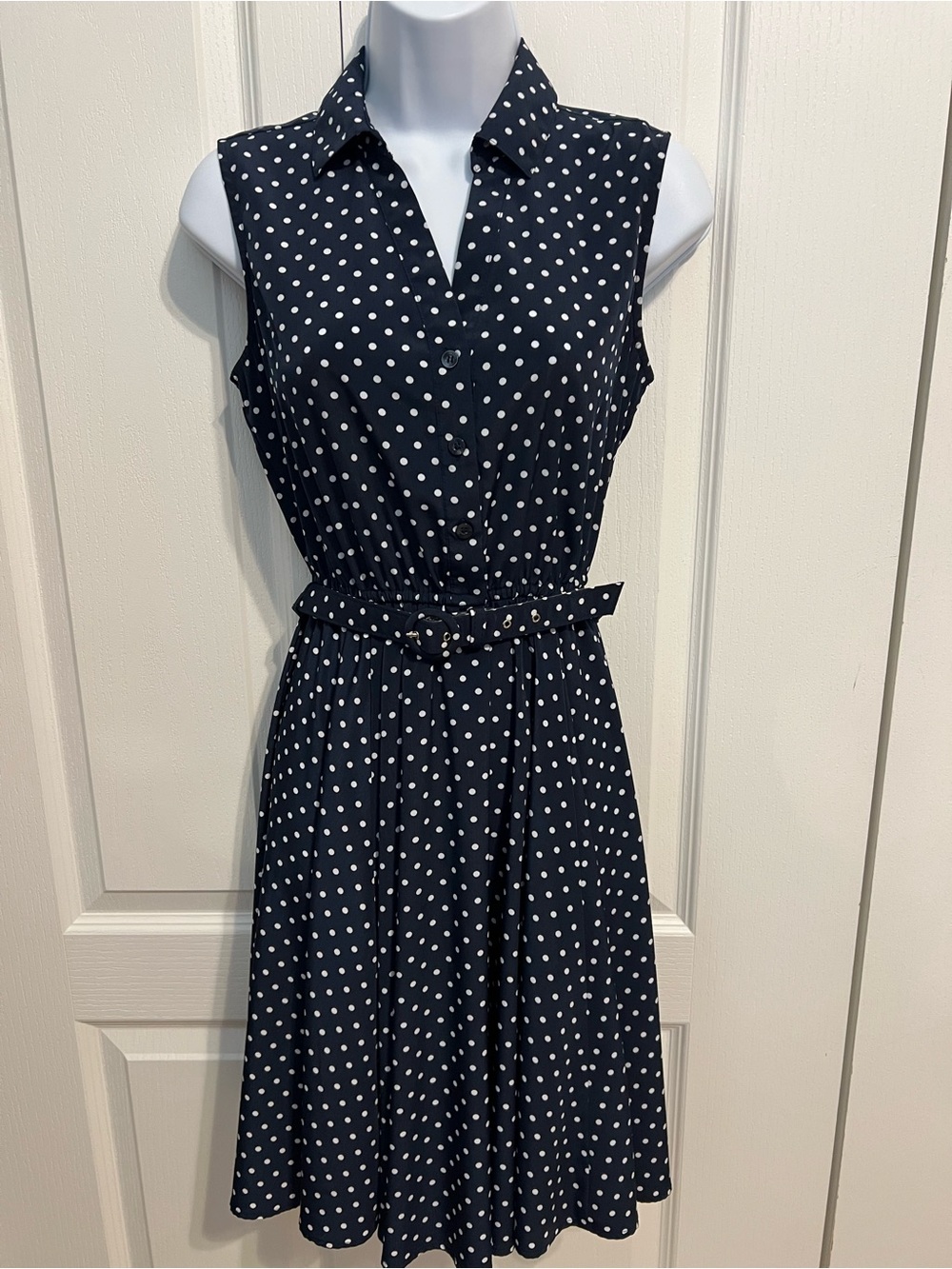 Charter Club Navy and White Polka Dot Sleeveless Dress with Belt